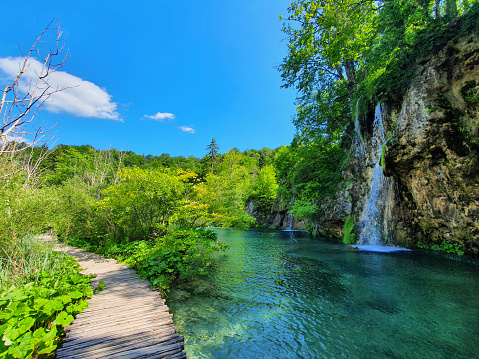 Empty boardwalk runs past a beautiful small waterfall in the scenic Plitvice national park. Gorgeous lakes of Plitvice are closed on a perfect sunny summer day due to the global covid-19 pandemic.