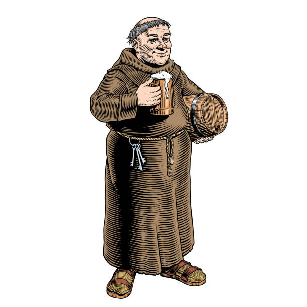 монах держит в руках пивную кружку и деревянную бочку. пожилой пивовар проверяет пиво на качество на пивоварне, в полный рост. гравировка в � - monk stock illustrations
