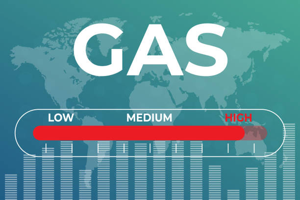 istock Gas price stock market graph on blue finance background with indicator, chart, columns, world map. Uptrend 1403487581