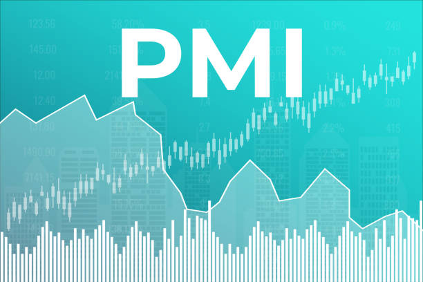ilustrações, clipart, desenhos animados e ícones de word pmi (índice de gerentes de compras) sobre fundo financeiro de ciano com linha e gráfico. conceito de economia global - palmtop