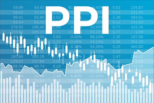 Word PPI (Producer Price Index) on blue finance background. Global economy concept
