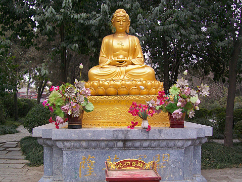 The Golden Buddha statue lays at the gardens of the Giant Wild Goose Pagoda in Xi’an