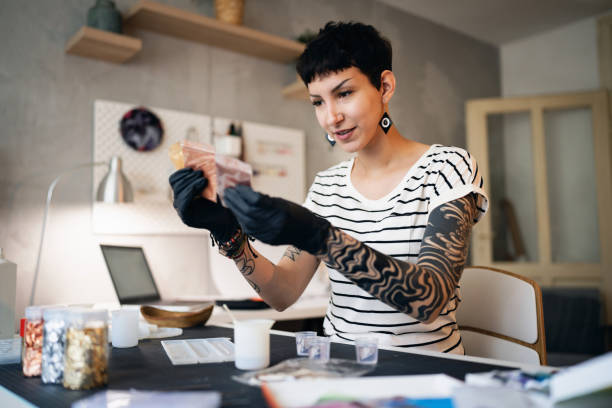 istock Caucasian craft woman working at ther studio making epoxy products 1403489841