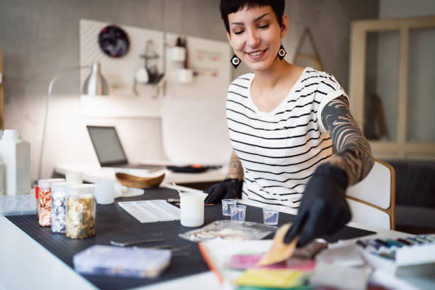 istock Caucasian craft woman working at ther studio making epoxy products 1403489987