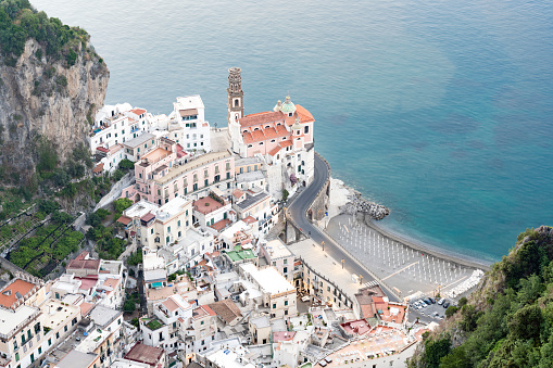 View from above, stunning aerial view of the village of Atrani. Atrani is a city and comune on the Amalfi Coast in the province of Salerno in the Campania region of south-western Italy.