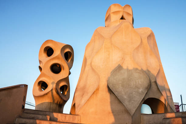 Barcelona, Spain - June 18, 2022: Casa Mila (La Pedrera) chimneys. Famous Catalan architect Anthoni Gaudi. UNESCO heritage