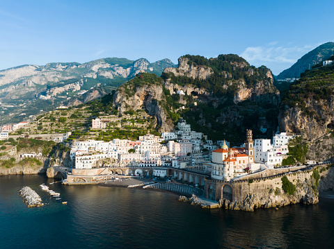 View from above, stunning aerial view of the village of Atrani. Atrani is a city and comune on the Amalfi Coast in the province of Salerno in the Campania region of south-western Italy.