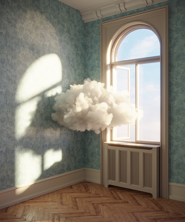An abstract cloud entering from the window to home. (3d render)