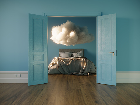 An abstract 3d cloud model in the bedroom. (3d render)