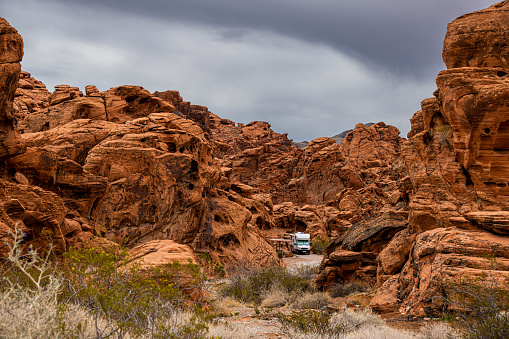 A line camper among the red rocks in the Valley of Fire State Park, Nevada.