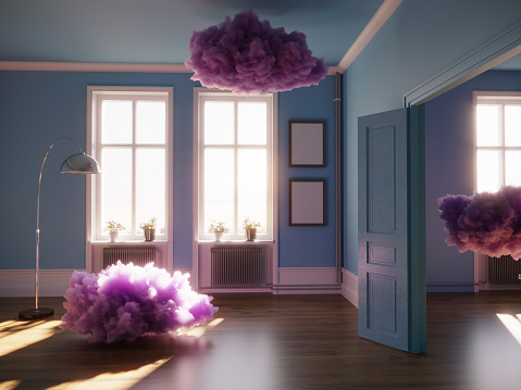 An abstract surreal clouds flying in the house. (3d render)