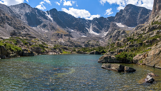 A panoramic view of clear and colorful Lake of Glass surrounded by rugged high peaks of Continental Divide on a sunny Summer day. Rocky Mountain National Park, Colorado, USA.