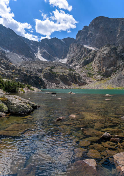 Sky Pond - A closeup view of a clear and colorful alpine lake - Sky Pond at base of Taylor Peak and Taylor Glacier on a sunny Summer day. Rocky Mountain National Park, Colorado, USA. A closeup view of a clear and colorful alpine lake - Sky Pond at base of Taylor Peak and Taylor Glacier on a sunny Summer day. Rocky Mountain National Park, Colorado, USA. colorado rocky mountain national park lake mountain stock pictures, royalty-free photos & images