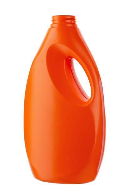 istock Orange plastic bottle for liquid laundry detergent, cleaning agent, bleach or fabric softener isolated on white background. 1403502862