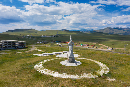 Statue of mongolian Mother and huge equestrian statue of Genghis Khan in the steppe, Mongolia, Ulaanbaatar