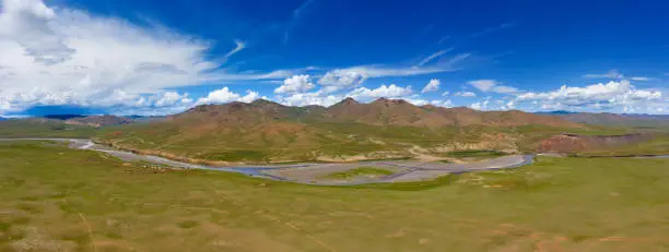 Aerial panorama view of steppe and mountains landscape in Orkhon valley, Mongolia