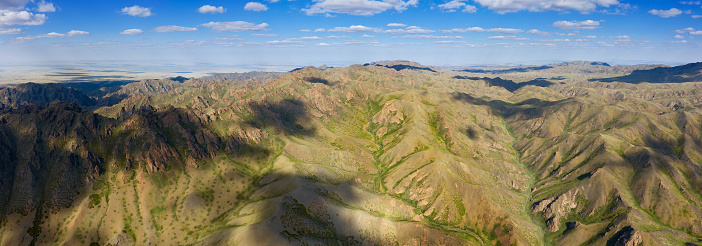 Aerial panorama view of mountains landscape in Yol Valley, Mongolia