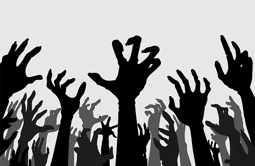Silhouette Hands and arms of evil spirits rise up a lot at the same time. Illustration about the crowd of zombies and monsters out of Hell, religion, Halloween.