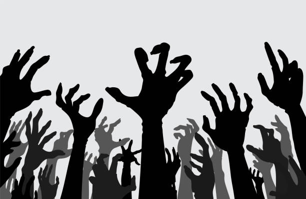 Silhouette Hands and arms of evil spirits rise up a lot at the same time. Illustration about the crowd of zombies and monsters out of Hell, religion, Halloween. Silhouette Hands and arms of evil spirits rise up a lot at the same time. Illustration about the crowd of zombies and monsters out of Hell, religion, Halloween. time silhouettes stock illustrations