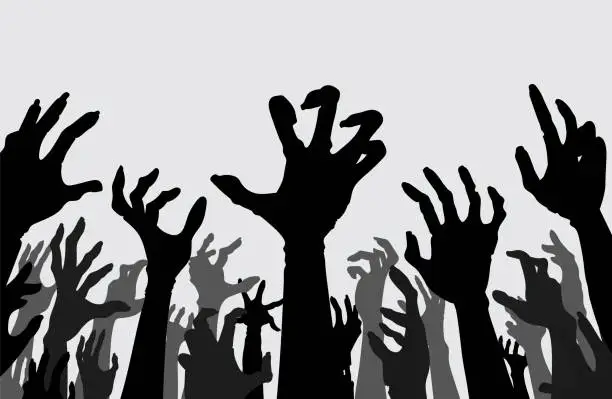 Vector illustration of Silhouette Hands and arms of evil spirits rise up a lot at the same time. Illustration about the crowd of zombies and monsters out of Hell, religion, Halloween.