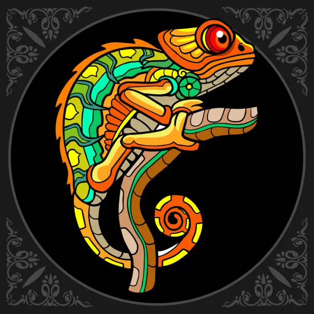 Vector illustration of Colorful Chameleon coloring book arts, isolated on black backgroundPrint