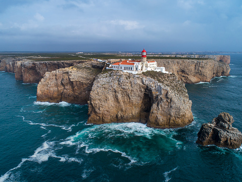 Aerial view of the Lighthouse of Cabo Sao Vicente, Sagres, Portugal