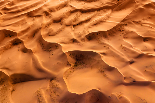 Golden hour in Western Sahara Desert, Morocco. Dark and light patterns created on the desert dunes.