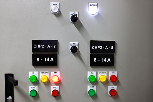 Light bulbs switches control button on electrical distribution unit for industrial,Electric voltage control room