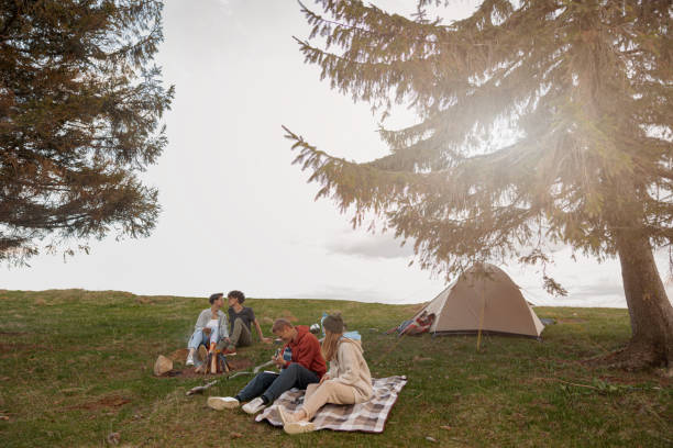 istock Two couples resting and having fun on top of mountain at tent. Camping concept. 1403510906