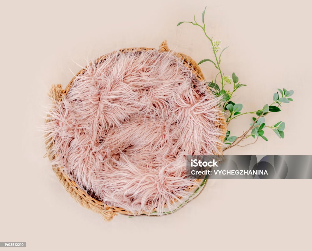 Background for newborn photosession Beautiful backdrop for newborn photosession with flowers hydrangea. Digital composite with basin filled with knitted blanket isolated on light pink background. Top view Artificial Stock Photo