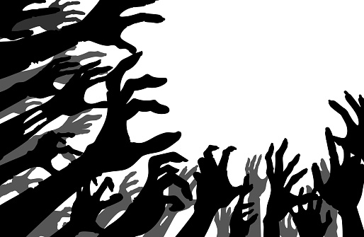 Silhouette Hands and arms of evil spirits reaching out to the top. Illustration about the crowd of zombies and ghosts resurrect out of Hell.