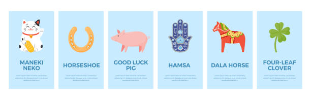 Good fortune talismans posters set, flat vector illustration. Good fortune talismans posters set, flat vector illustration. Maneki neko, horseshoe, pig, hamsa hand, dala horse and four-leaf clover. Different cultures lucky amulets. good luck charm stock illustrations