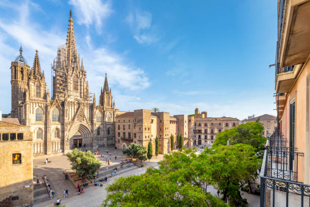 View from a balcony of the Gothic Barcelona Cathedral of the Holy Cross and Saint Eulalia and the plaza in the El Born district of Barcelona. View from a balcony of the Gothic Barcelona Cathedral of the Holy Cross and Saint Eulalia and the plaza in the El Born district of Barcelona. barcelona province stock pictures, royalty-free photos & images