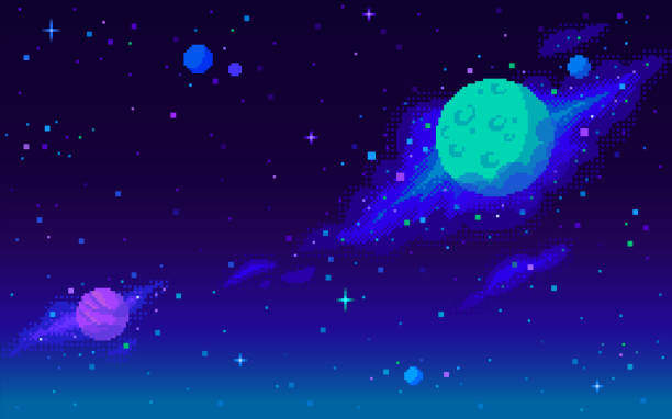 Planets and nebula background in pixel art style Planets and nebula background in pixel art style. Space, galaxy, cosmos, universe fantasy view background for computer game. 8 bit retro style vector illustration pixel sky background stock illustrations