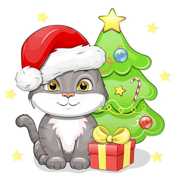 Vector illustration of Cute cartoon cat wearing a Santa Claus hata and sits near a gift and a Christmas tree.