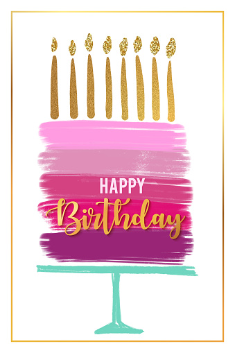 Watercolor Happy Birthday Cake with Gold Colored Candles. Hand drawn stylized cartoon watercolor sketch. Watercolor Happy Birthday Greeting Card Template Layout.