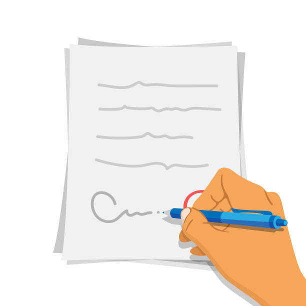 ilustraciones, imágenes clip art, dibujos animados e iconos de stock de firmar un documento de diseño plano. - pencil paper writing letter