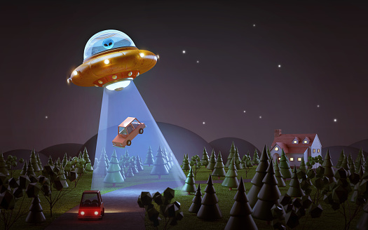 UFO flying with alien and  abduct a car at night.3d rendering