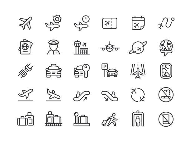 Airport Line Icons Editable Stroke Set of airport line vector icons. Editable stroke. airport porter stock illustrations