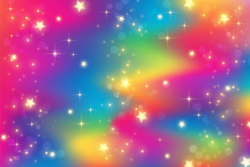 Rainbow unicorn fantasy background with bokeh and stars. Holographic bright multicolored sky. Vector