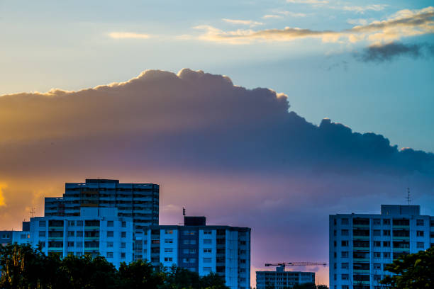 Sky sights, dramatic sky at sunset over city buildings in the evening, blue sky