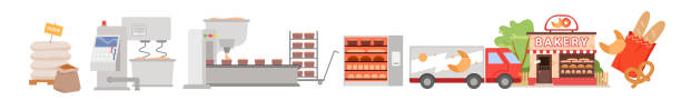 Bread production technology, chain of making pastry products, dough processing, baking Bread production set. Infographic chain of making pastry products, dough processing, baking in oven and delivery to commercial bakery shop flat vector illustration. Food industry, technology concept traceability stock illustrations