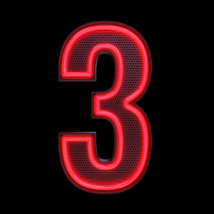 Number 3, Alphabet. Neon retro 3d number isolated on a black background with Clipping Path. 3d illustration.