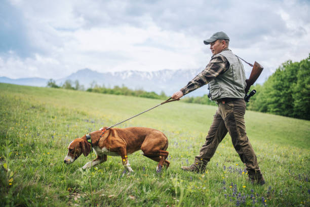 Hunter and his dog in the forest.