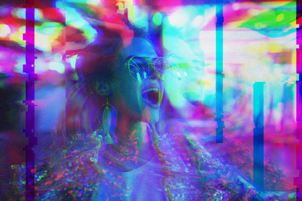 Woman having psychedelic trip with hallucinations after drug abuse. Noise and glitch effects applied. Young woman having psychedelic trip with hallucinations after drug abuse. Noise and glitch effects applied. substance intoxication stock pictures, royalty-free photos & images