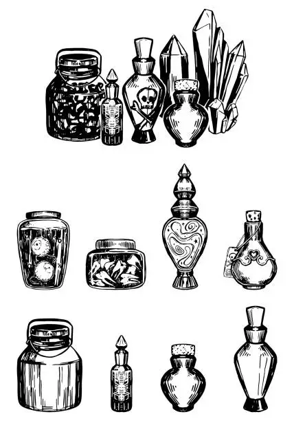 Vector illustration of Set of witch jars with potions and poisons. Glass bottles, mystical jars with eyes, teeth, love potion, crystals. Sketches vector collection. Halloween mystery cliparts isolated on white.