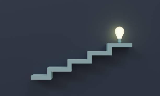 istock Climbing stairs to get idea or success light bulb 3D render illustration 1403527523
