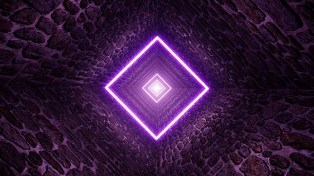 istock Glowing Neon Purple Colored Diamond Shape Light in the Rock Tile Tunnel 3D Rendering 1403527731
