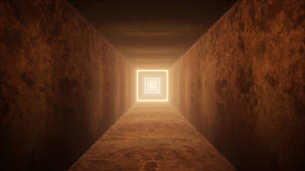 istock Glowing Square Light in the Grunge Metal Passage 3D Rendering 1403527755