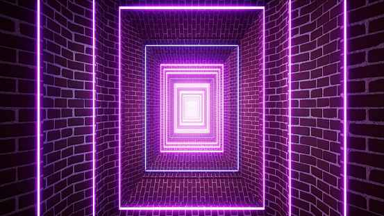 Multiple Rectangle Neon VJ Light in the Red Brick Tunnel texture effect design art illustration background.